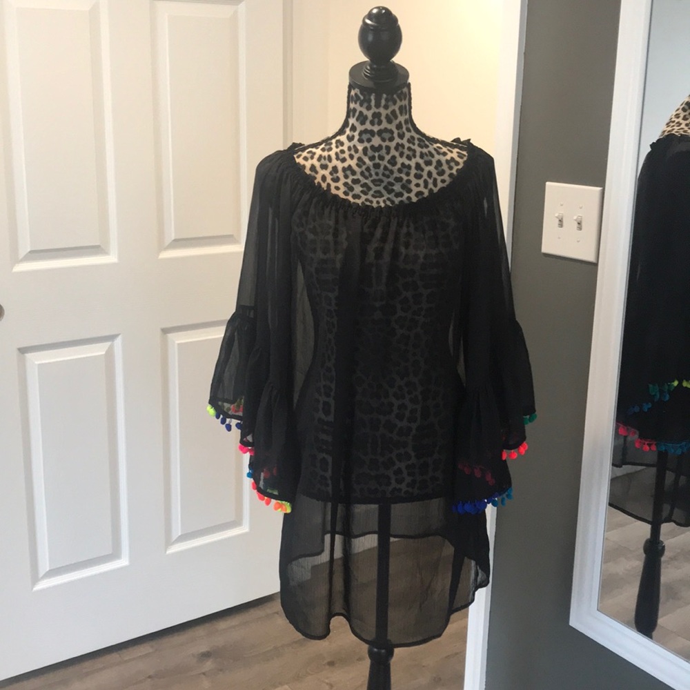 Bleu Rod Beattie Black Sheer Swim Coverup with Multicolor Pom Trim